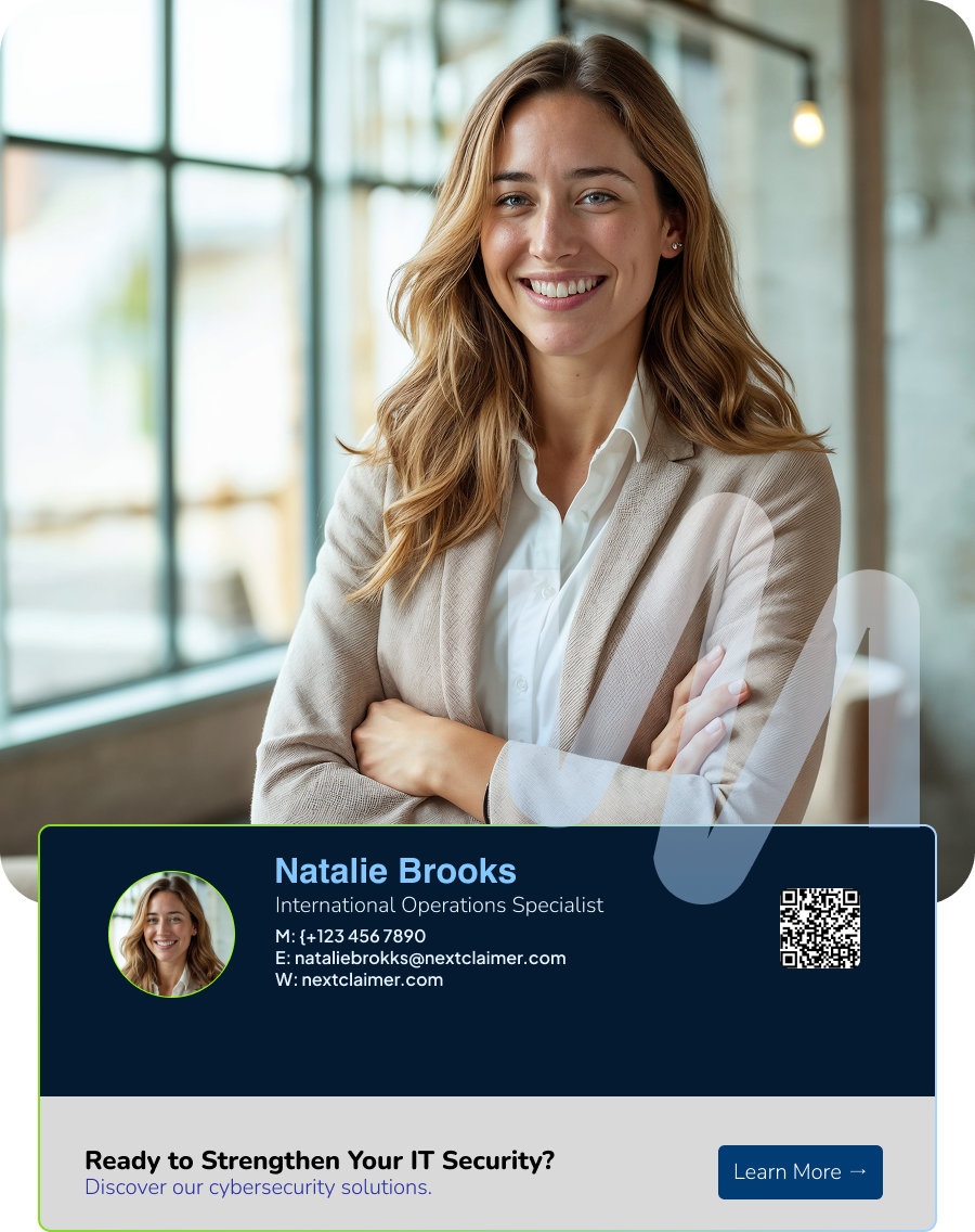 NextClaimer (E-Kache) email signature with job title, QR code, and call-to-action banner
