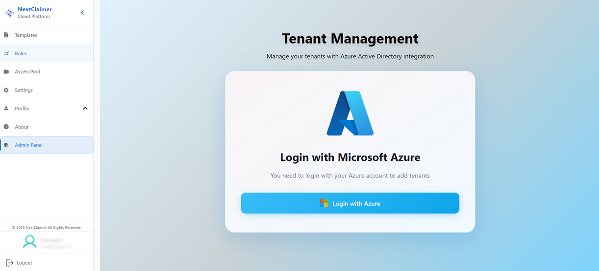 NextClaimer (E-Kache) Cloud Platform console: tenant management with Microsoft Azure Active Directory integration