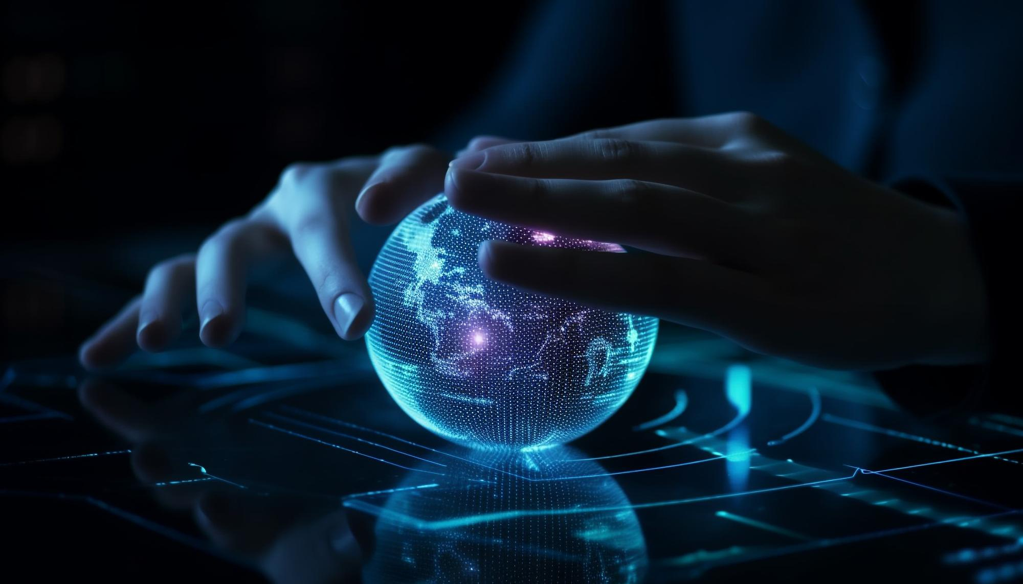 Person's hands gently touching a glowing digital globe representing global connectivity or technology network